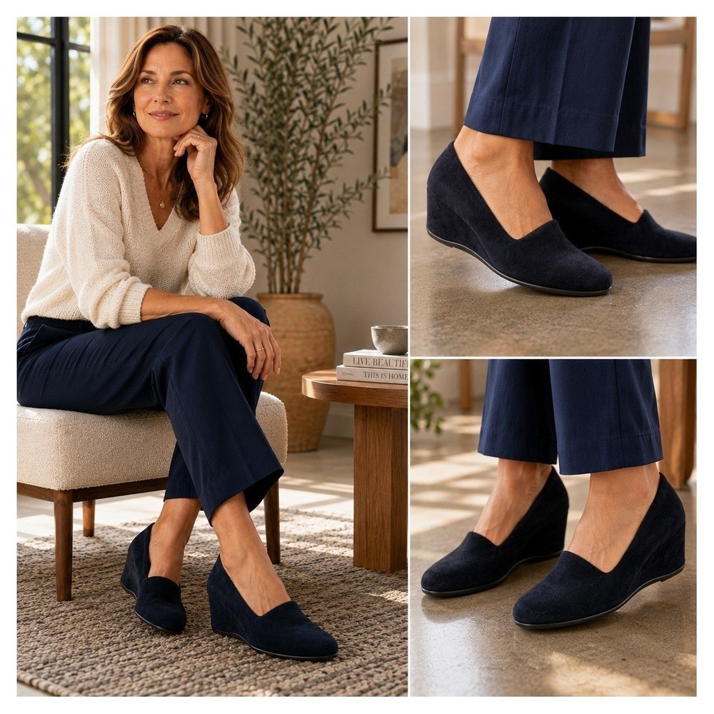 Aquatalia by Marvin K Navy Suede Wedge Pumps Size 6 Italy Almond Toe